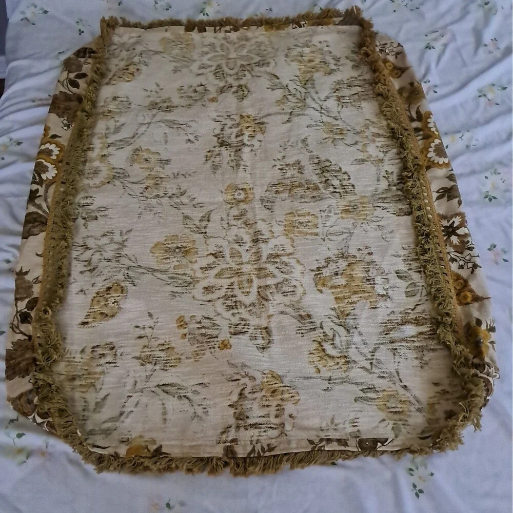 30x30 Heavy Fringed Floral Table Cover 70s Gold Green Brown Retro Vintage